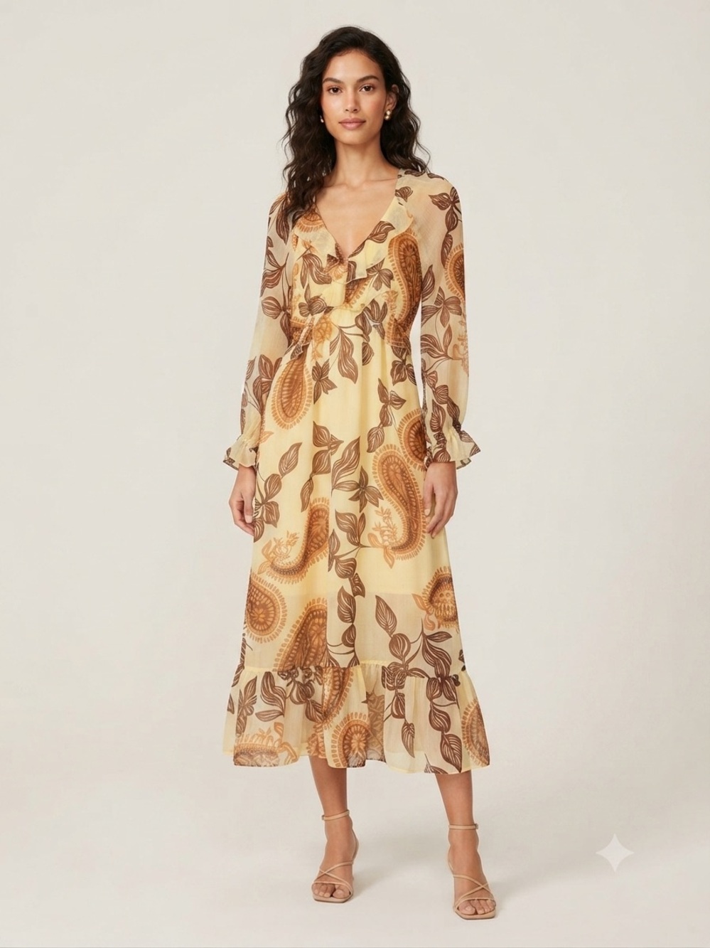PATRONS OF PEACE Paisley Ruffle Maxi Dress S 17” p2p Pale Yellow $88 Retail NWT
